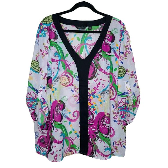 Investments Tops - Investments Top Womens 2X White Colorful Paisley Floral Chiffon Roll Tab Sleeve